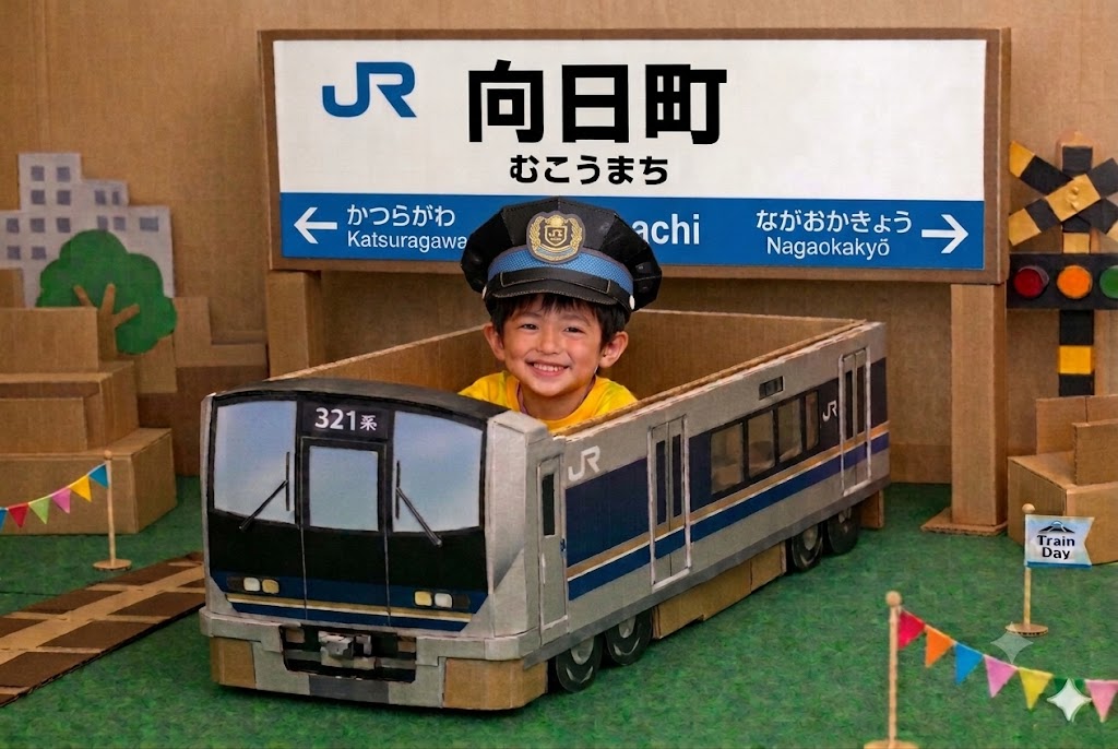 ダンボール製列車フォトスポットのAIイメージ